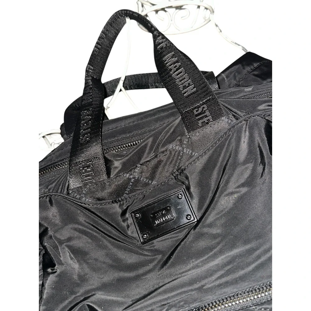 Steve Madden Black Nylon Quilted Backpack Logo Straps Travel Bag